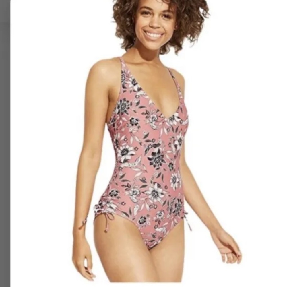 7-4 Kona Sol One Piece Swimsuit Pink NWT Coverage floral XS - Picture 2 of 5